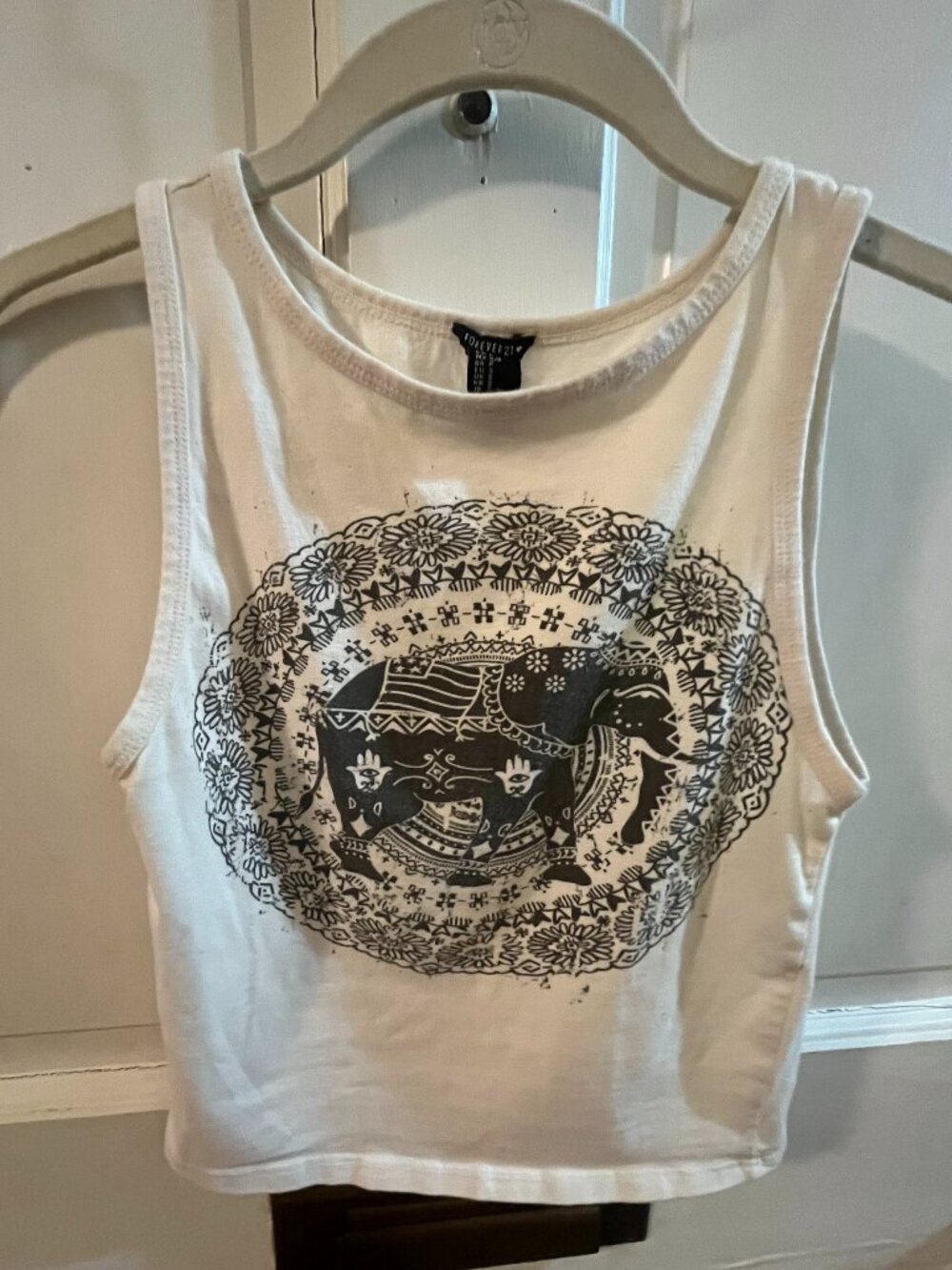 Forever 21 White Boho Mandala Elephant Graphic Crop Top Tank - Size Small